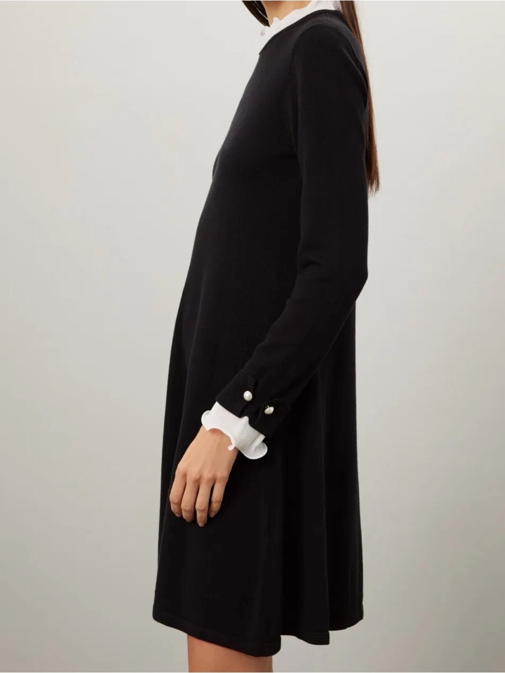CeCe Black Long-Sleeve Knit Dress with White Ruffle Trim - Picture 3 of 11